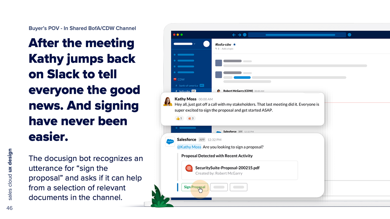 The buyer says her stakeholders are ready to sign, and a signature bot recognizes the intent and offers the proposal in the channel.